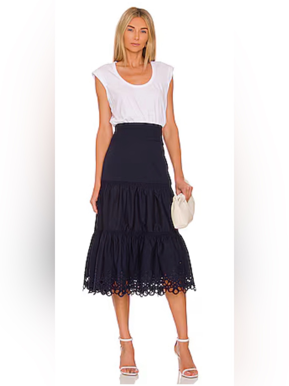 Veronica Beard Amaia White/Navy Blue Eyelet Bottom Midi Dress,Size-Small